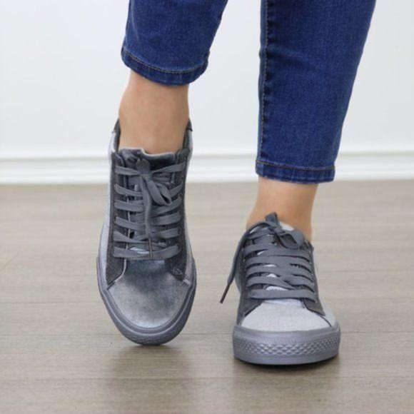 Gray Velvet Low Top Fashion Sneakers - Picture 2 of 8